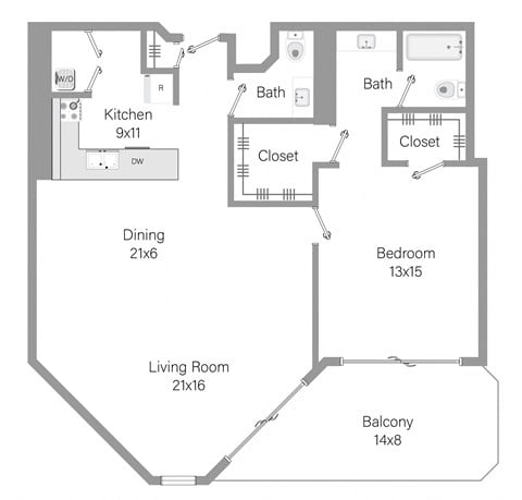 Floor plan for 1 bed, 1.5 baths, 1036 sqft